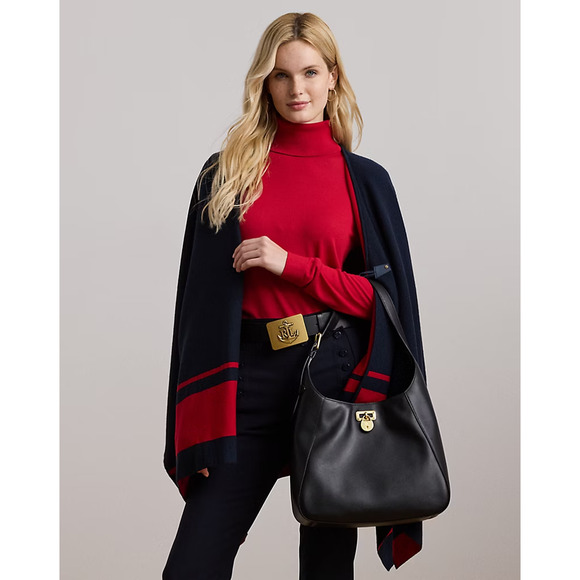 Lauren Ralph Lauren Intarsia Knit Two Tone Poncho Navy Blue Red Toggle Sz L/XL - Picture 5 of 16